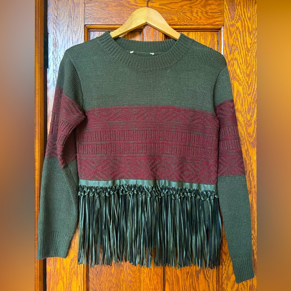 Fringe Detail Dark Olive Green Vintage Sweater